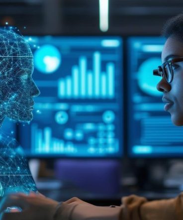 An image of a tech product manager a real human sitting in front of a laptop, chatting with an AI agent on one half of the computer screen